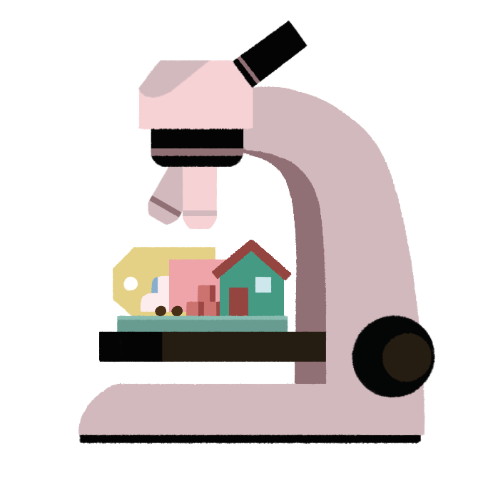 une illustration d'un microscope regardant une maison miniature, des cartons de déménagement et une étiquette de prix
