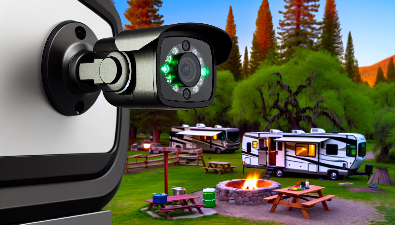 Caméra de sécurité pour camping-car surplombant un camping